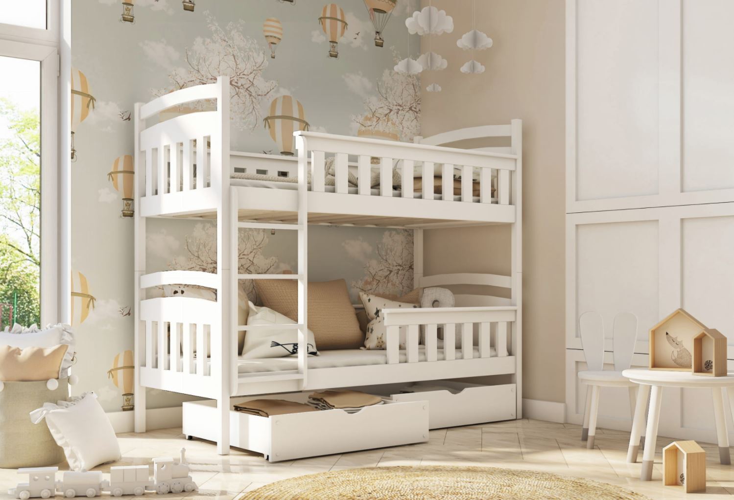 Detská poschodová posteľ z masívu borovice HENRY so zásuvkami 200x90 cm - biela