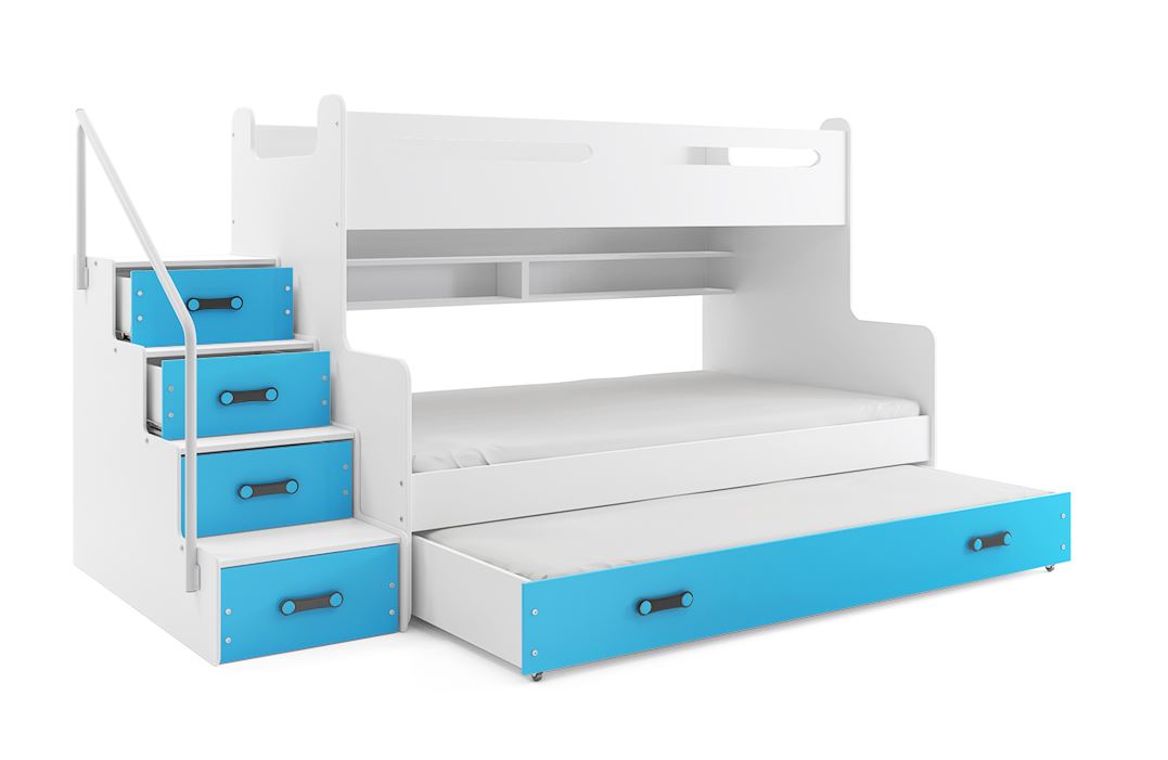 Detská poschodová posteľ s rozšíreným spodným lôžkom a prístelkou MAXÍK 3 bielo-modrá- 200x120 cm