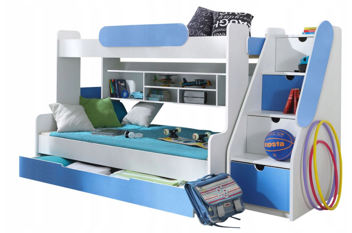 Detská poschodová posteľ s rozšíreným spodným lôžkom a šuplíkom SEGAN bielo-modrá - 200x90/120 cm