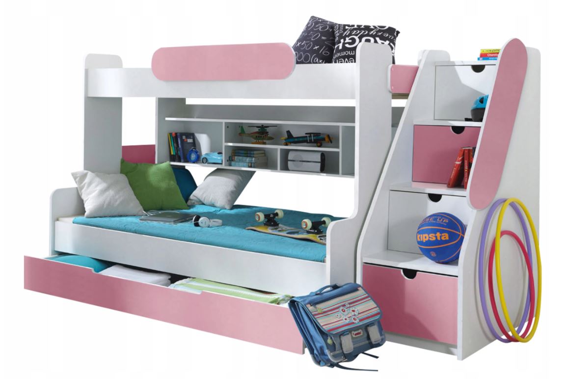 Detská poschodová posteľ s rozšíreným spodným lôžkom a šuplíkom SEGAN bielo-ružová - 200x90/120 cm