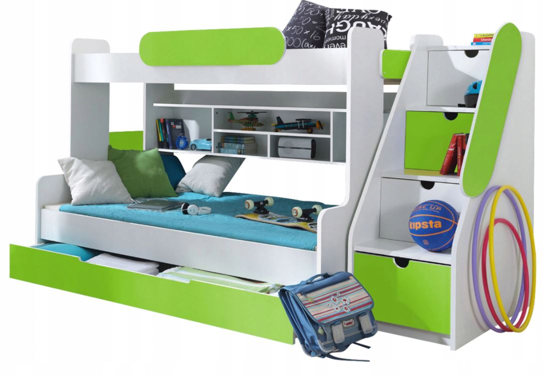 Detská poschodová posteľ s rozšíreným spodným lôžkom a šuplíkom SEGAN bielo-zelená - 200x90/120 cm
