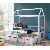 Detská domčeková posteľ z masívu borovice JONAS II s prístelkou a šuplíky - 200x90 cm - biela/šedá