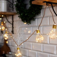 LED dekoratívne žiarovky na prírodnom povraze, 10x žiarovka, 30LED, 180cm, časovač 3x AA