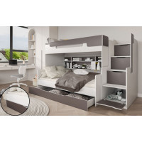 Detská poschodová posteľ s rozšíreným spodným lôžkom a zásuvkou HARRY bielo-šedá - 200x90/120 cm