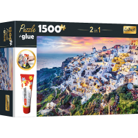 TREFL Sada 2v1 puzzle Nádherný ostrov Santorini, Grécko 1500 dielikov s lepidlom