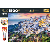 TREFL Sada 2v1 puzzle Nádherný ostrov Santorini, Grécko 1500 dielikov s lepidlom