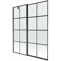 Vaňová zástena MEXEN FLIP 140x150 cm - čierna - číre sklo s čiernou mriežkou, 894-140-101-70-77