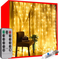 Svetelný záves s diaľkovým ovládačom 300 LED USB - teplá biela