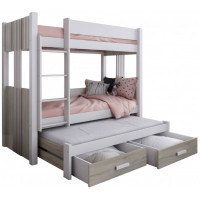 Detská poschodová posteľ z masívu borovice ARTEN III s prístelkou a šuplíky - 200x90 cm - biela/dub sonoma