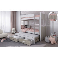 Detská poschodová posteľ z masívu borovice ARTEN III s prístelkou a šuplíky - 200x90 cm - biela/dub sonoma
