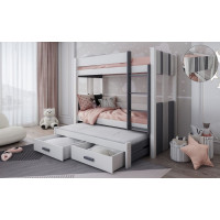 Detská poschodová posteľ z masívu borovice ARTEN III s prístelkou a šuplíky - 200x90 cm - biela/grafitová
