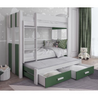 Detská poschodová posteľ z masívu borovice ARTEN III s prístelkou a šuplíky - 200x90 cm - biela/zelená