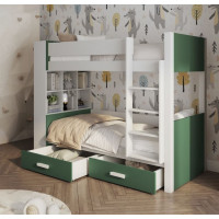 Detská poschodová posteľ z masívu borovice GASPAR so šuplíkmi a regálom - 200x90 cm - biela/zelená