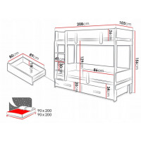 Detská poschodová posteľ z masívu borovice ETTORE so šuplíkmi - 200x90 cm - biela/dub shetland