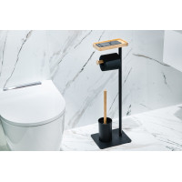 Držiak toaletného papiera s WC štetkou - čierny - kov/bambus
