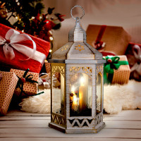 LED vianočný lampáš biely, 33cm, 3x LED sviečka