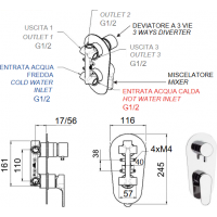 Sprchová podmietková batéria FONTI 9308 - 3 výstupy - nikel brúsený