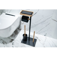 Držiak toaletného papiera s WC kefu a poličkou - kov/bambus - čierny