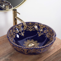 Keramické umývadlo Rea MARINA - modré/zlaté - orientálny vzor
