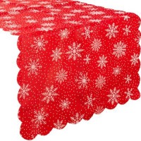 Vianočný behúň na stôl 150x35 cm - Vločky - červený/strieborný