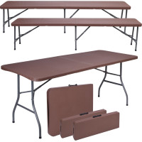 Set cateringového nábytku RATTAN - stôl 180 cm + 2 lavice - hnedý