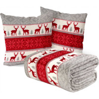 Vianočná deka 130x170 cm + 2 ks obliečky na vankúš SCANDI DEER - šedá/biela/červená