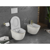 Závesné WC MEXEN LENA RIMLE  - biele/zlaté vzorované + Duroplast sedátko slim, 30224009