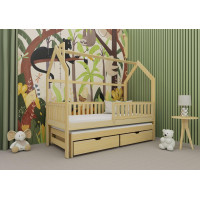 Detská domčeková posteľ s prístelkou a šuplíky MATYLDA - 200x90 cm - prírodná borovica