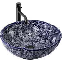 Keramické umývadlo Rea SEVILLA - tmavo modré / biele - vzor lístky