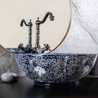 Keramické umývadlo Rea SEVILLA - tmavo modré / biele - vzor lístky