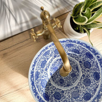 Keramické umývadlo Rea BELLA - biele / modré - vzor mandala