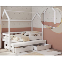 Detská domčeková posteľ z masívu borovice ASHER II so šuplíkmi a prístelkou - 200x90 cm - biela