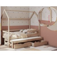 Detská domčeková posteľ z masívu borovice ASHER II so šuplíkmi a prístelkou - 180x80 cm - prírodná borovica