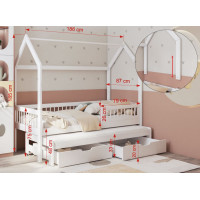 Detská domčeková posteľ z masívu borovice ASHER II so šuplíkmi a prístelkou - 180x80 cm - biela
