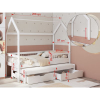 Detská domčeková posteľ z masívu borovice ASHER II so šuplíkmi a prístelkou - 200x90 cm - biela