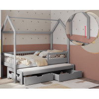 Detská domčeková posteľ z masívu borovice ASHER II so šuplíkmi a prístelkou - 200x90 cm - šedá