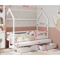 Detská domčeková posteľ z masívu borovice ASHER so šuplíkmi a prístelkou - 200x90 cm - šedá