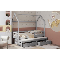 Detská domčeková posteľ z masívu borovice ASHER so šuplíkmi a prístelkou - 180x80 cm - šedá