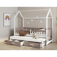 Detská domčeková posteľ z masívu borovice JASPER so šuplíkmi a prístelkou - 180x80 cm - biela/trufel