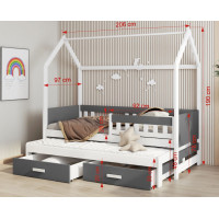 Detská domčeková posteľ z masívu borovice JASPER so šuplíkmi a prístelkou - 200x90 cm - grafit/biela