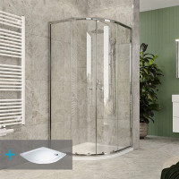 Štvrťkruhový sprchovací kút Kora Lite 80x80 cm - chróm ALU/sklo Číre + vanička z liateho mramoru