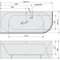 Polysan VIVA L MONOLITH asymetrická vaňa 180x75x60cm, biela 72099M