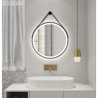 Aqualine STAGO okrúhle zrkadlo s LED osvetlením ø 60cm, kožený opasok, dotykový senzor, stmievateľné, čierna mat SG060