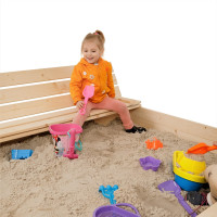 SAND TROPIC Drevené pieskovisko s lavičkami a príslušenstvom 100x100 cm (prírodné)