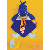 Doudou Darčeková sada - Hračka s úchytom na cumlík dinosaurus modrý 23 cm