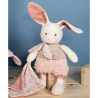Doudou Darčeková sada - Plyšový Ecru králiček s ružovou dečkou z BIO bavlny 22 cm