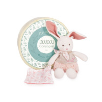 Doudou Darčeková sada - Plyšový Ecru králiček s ružovou dečkou z BIO bavlny 22 cm