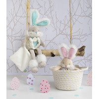 Doudou Hračka zajačik s hrkálkou a úchytom na cumlík 21 cm