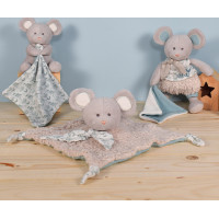Doudou Darčeková sada - Plyšová myška s dečkou z BIO bavlny 15 cm zeleno-biela