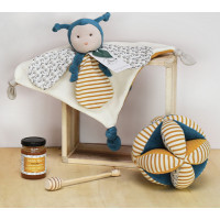 Doudou Textilná aktívna lopta s hrkálkou včielka 15 cm